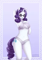 Size: 1450x2048 | Tagged: anthro, armpits, artist:meltyvixen, belly button, bikini, breasts, busty rarity, clothes, derpibooru import, female, lipstick, pony coloring, rarity, solo, solo female, suggestive, sunglasses, swimsuit