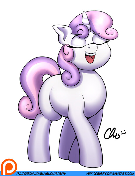 Size: 892x1155 | Tagged: safe, artist:nekocrispy, derpibooru import, sweetie belle, pony, unicorn, eyes closed, female, filly, open mouth, patreon, patreon logo, simple background, smiling, solo, white background