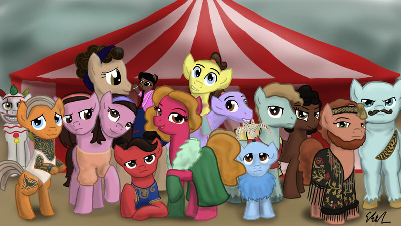 Size: 1024x576 | Tagged: american horror story, artist:qemma, derpibooru import, freakshow, ponified, safe