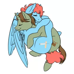 Size: 2100x2100 | Tagged: safe, artist:floots, derpibooru import, oc, oc:chisel, oc:stitch, unofficial characters only, pegasus, pony, unicorn, commission, cuddling, side, simple background, snuggling