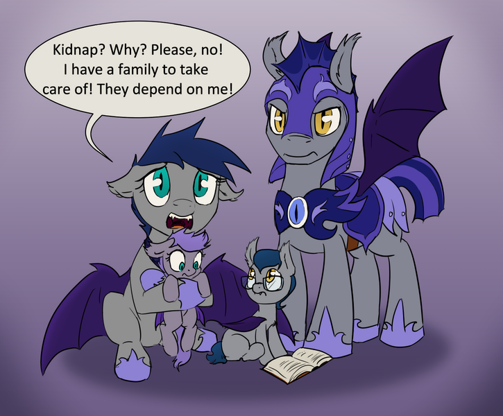 Size: 1450x1200 | Tagged: safe, artist:ask-bluehorizon, artist:silfoe, derpibooru import, edit, oc, oc:evening melody, unofficial characters only, bat pony, pony, royal sketchbook, armor, ask, book, colt, cute, dialogue, family, female, filly, floppy ears, frown, glare, glasses, holding a pony, hug, looking at you, male, night guard, open mouth, sad, sitting, speech bubble, tumblr, wide eyes