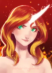 Size: 707x1000 | Tagged: suggestive, artist:polarityplus, derpibooru import, sunset shimmer, equestria girls, bust, colored pupils, daydream shimmer, glowing eyes, glowing horn, horn, horned humanization, humanized, solo