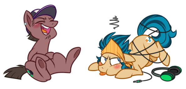 Size: 594x287 | Tagged: safe, artist:metalmane, derpibooru import, oc, oc:bytes, oc:hertz, unofficial characters only, pony, hat, headphones, laughing, silly, silly pony, simple background, transparent background