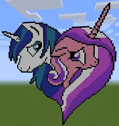 Size: 656x691 | Tagged: artist:cassadriel, cute, derpibooru import, female, game screencap, heart, heart pony, love, male, minecraft, minecraft pixel art, my little pony, pixel art, princess cadance, safe, shining armor, shiningcadance, shipping, straight