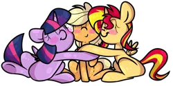 Size: 1280x642 | Tagged: safe, artist:korgikardigan, derpibooru import, applejack, sunset shimmer, twilight sparkle, alicorn, pony, alicornified, appleshimmer, appleshimmerlight, blush sticker, blushing, cute, eyes closed, female, happy, hug, jackabetes, lesbian, ot3, polyamory, race swap, shimmerbetes, shimmercorn, shipping, smiling, sunsetsparkle, twiabetes, twijack, twijack-doodles