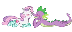 Size: 730x325 | Tagged: dead source, safe, artist:metalmane, derpibooru import, spike, sweetie belle, blushing, clothes, cutie mark, female, male, nuzzling, older, older spike, shipping, simple background, socks, spikebelle, straight, striped socks, teenager, the cmc's cutie marks, transparent background