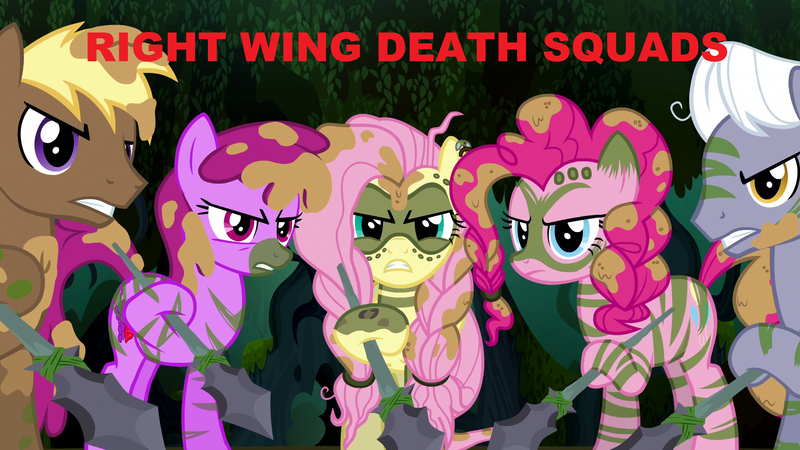 Size: 1920x1080 | Tagged: 8chan, alternate timeline, berry punch, berryshine, chrysalis resistance timeline, derpibooru import, fluttershy, imminent death, looking at you, meme, pinkie pie, /pol/, /pone/, right wing death squads, safe, spear, stone spear, the cutie re-mark, tribal pie, tribalshy, weapon