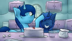 Size: 3000x1687 | Tagged: artist:marsminer, baking, cake, derpibooru import, female, filly, food, happy, oc, oc:starlight blossom, oc:sweet cakes, safe, unofficial characters only