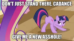 Size: 890x500 | Tagged: a canterlot wedding, caption, derpibooru import, edit, edited screencap, fake cadance, image macro, meme, princess cadance, queen chrysalis, screencap, suggestive, twilight sparkle, vulgar