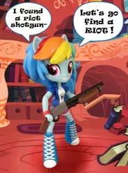 Size: 1000x1354 | Tagged: safe, artist:texasuberalles, derpibooru import, rainbow dash, human, equestria girls, dialogue, doll, equestria girls minis, eqventures of the minis, golden oaks library, grin, gun, irl, ithaca 37, looking at you, photo, shotgun, smiling, solo, team fortress 2, this will end in tears, toy, weapon