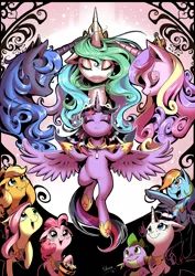 Size: 4800x6794 | Tagged: safe, artist:shira-hedgie, derpibooru import, applejack, fluttershy, pinkie pie, princess cadance, princess celestia, princess luna, rainbow dash, rarity, spike, twilight sparkle, twilight sparkle (alicorn), alicorn, pony, alicorn tetrarchy, beautiful, blush sticker, blushing, dilated pupils, eating, element of generosity, element of honesty, element of kindness, element of laughter, element of loyalty, element of magic, elements of harmony, eyes closed, female, floating, floppy ears, food, glowing horn, looking up, majestic, mane seven, mane six, mare, modern art, necklace, nouveau, open mouth, pointing, popcorn, smiling, smirk, spread wings, watching