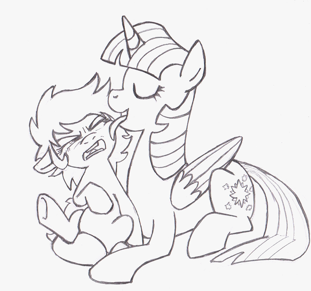 Size: 1000x933 | Tagged: safe, artist:traditionaldrawfaglvl1, derpibooru import, twilight sparkle, twilight sparkle (alicorn), oc, oc:anon, oc:anonfilly, alicorn, pony, /mlp/, cute, female, filly, licking, mama twilight, mare, monochrome, mother and daughter, mothers gonna mother, scrunchy face, tongue bath, tongue out