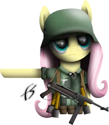Size: 3550x4070 | Tagged: artist:facelesssoles, clothes, derpibooru import, fluttershy, grenade, helmet, looking at you, mp40, nazi, pointing, safe, simple background, soldier, solo, stern, submachinegun, transparent background, uniform, weapon