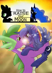 Size: 457x643 | Tagged: artist:pen-mightier, cover art, cute, derpibooru import, fanfic, fanfic art, fanfic cover, hug, lunabetes, princess luna, safe, shipping, spike, spikelove, spiluna