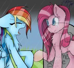 Size: 1024x948 | Tagged: artist:jaidyn-fangtrap, crying, derpibooru import, ghost, gravestone, implied death, pinkamena diane pie, pinkie pie, rain, rainbow dash, safe