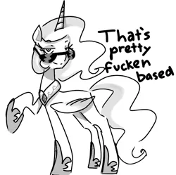 Size: 796x794 | Tagged: 8chan, artist:anonymous, derpibooru import, monochrome, /pone/, princess celestia, reaction image, safe, solo, sunglasses, vulgar