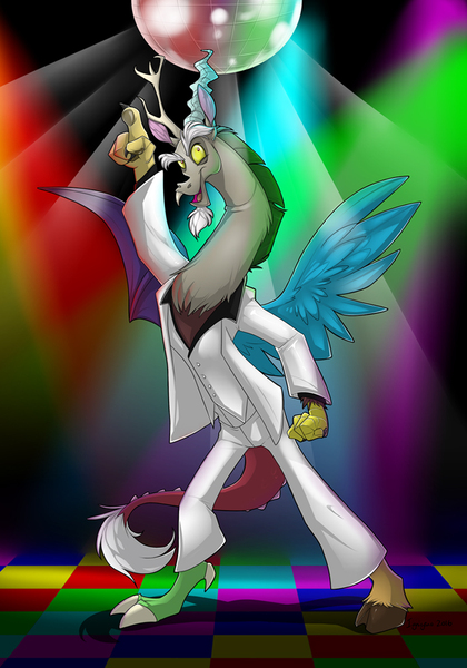 Size: 700x1000 | Tagged: 70s, artist:ignigeno, derpibooru import, disco, disco ball, disco dance, discord, pun, safe, saturday night fever, solo