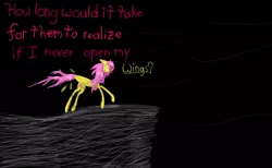 Size: 1280x789 | Tagged: abuse, artist:the claud, blood, bruised, derpibooru import, flutterbuse, fluttershy, impossibly long legs, semi-grimdark, simple background, solo, suicide, text