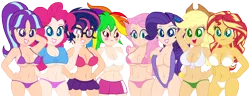 Size: 11158x4306 | Tagged: suggestive, artist:mrmaclicious, derpibooru import, applejack, fluttershy, pinkie pie, rainbow dash, rarity, sci-twi, starlight glimmer, sunset shimmer, twilight sparkle, human, equestria girls, absolute cleavage, absurd resolution, alternate hairstyle, arm behind head, armpits, belly button, bikini, breasts, busty applejack, busty fluttershy, busty pinkie pie, busty rainbow dash, busty rarity, busty starlight glimmer, busty sunset shimmer, busty twilight sparkle, cleavage, clothes, female, females only, glasses, hand on hip, human coloration, humanized, mane six, midriff, punklight sparkle, simple background, sling bikini, swimsuit, transparent background