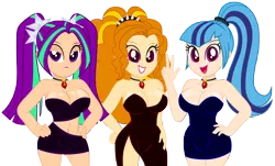 Size: 9352x5637 | Tagged: suggestive, artist:mrmaclicious, derpibooru import, adagio dazzle, aria blaze, sonata dusk, equestria girls, absurd resolution, belly button, breasts, busty adagio dazzle, busty aria blaze, busty sonata dusk, cleavage, clothes, dress, female, females only, hand on hip, human coloration, humanized, peace sign, simple background, smiling, stupid sexy adagio dazzle, stupid sexy aria blaze, stupid sexy sonata dusk, the dazzlings, transparent background