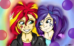 Size: 1024x633 | Tagged: safe, artist:sunsetcrady, derpibooru import, rarity, sunset shimmer, equestria girls, clothes, equestria girls outfit, female, humanized, leather jacket, lesbian, shipping, signature, sunsarity
