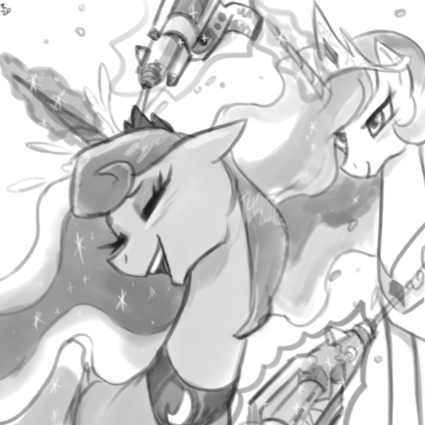 Size: 731x731 | Tagged: safe, artist:ehfa, derpibooru import, princess celestia, princess luna, alicorn, pony, duo, eyes closed, female, grayscale, laughing, mare, monochrome, simple background, sisters, water pistol, white background