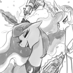 Size: 731x731 | Tagged: safe, artist:ehfa, derpibooru import, princess celestia, princess luna, alicorn, pony, duo, eyes closed, female, grayscale, laughing, mare, monochrome, simple background, sisters, water pistol, white background
