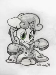 Size: 1800x2400 | Tagged: safe, artist:bobdude0, derpibooru import, sweetie belle, pony, unicorn, clothes, confused, cute, diasweetes, female, filly, floppy ears, frown, grayscale, monochrome, neo noir, oversized clothes, oversized shirt, partial color, shirt, sitting, sketch, solo, sweater, traditional art, wide eyes