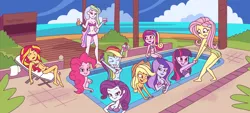 Size: 1024x463 | Tagged: suggestive, artist:vaultman, derpibooru import, applejack, fluttershy, pinkie pie, princess cadance, princess celestia, princess luna, rainbow dash, rarity, sci-twi, sunset shimmer, twilight sparkle, twilight sparkle (alicorn), equestria girls, belly button, bikini, breasts, busty fluttershy, busty pinkie pie, busty princess cadance, busty princess celestia, busty princess luna, busty rainbow dash, busty rarity, busty sunset shimmer, busty twilight sparkle, cleavage, clothes, commission, dean cadance, female, females only, humane five, humane seven, humane six, looking at you, one-piece swimsuit, principal celestia, sideboob, swimming pool, swimsuit, underboob, vice principal luna