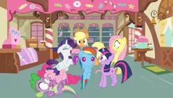 Size: 1024x576 | Tagged: safe, derpibooru import, applejack, fluttershy, pinkie pie, rainbow dash, rarity, spike, twilight sparkle, pony, baby, baby dash, baby pony, baby rainbow dash, deja vu, flipped script, mane seven, mane six, sugarcube corner, worried