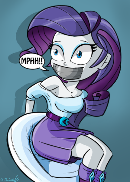 Size: 441x615 | Tagged: suggestive, artist:gaggeddude32, derpibooru import, rarity, equestria girls, belt buckle, bondage, boots, breasts, chair, cleavage, clothes, duct tape, female, gag, kidnapped, muffled moaning, off shoulder, scared, shocked, skirt, solo, tape gag, tied up