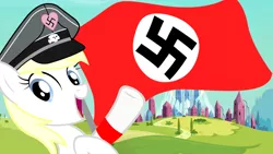 Size: 1280x720 | Tagged: safe, artist:accu, derpibooru import, oc, oc:aryanne, unofficial characters only, earth pony, pony, armband, city, female, flag, hat, heil, meadow, mountain, nazi, road, salute, show accurate, smiling, solo, swastika, totenkopf, vector