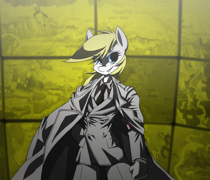 Size: 1263x1080 | Tagged: anime, anthro, artist:quynzel, aryan pony, castle, clothes, commander, derpibooru import, hellsing, hellsing ultimate, indoors, jacket, military, necktie, oc, oc:aryanne, safe, smiling, solo, the major, uniform, unofficial characters only, wall