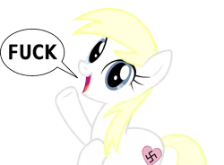 Size: 679x500 | Tagged: artist:accu, blonde, derpibooru import, female, fuck, heart, heil, looking at you, nazi, oc, oc:aryanne, open mouth, raised hoof, reaction image, safe, simple background, smiling, solo, speech bubble, swastika, swearing, transparent background, unofficial characters only, vector, vulgar