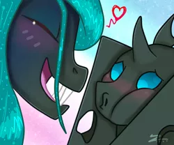 Size: 1200x1000 | Tagged: artist:zindry, changeling, changeling queen, cute, cutealis, cuteling, derpibooru import, duo, female, gradient background, heart, mommy chrissy, nymph, queen chrysalis, safe, squishy cheeks