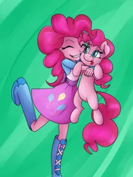 Size: 1024x1365 | Tagged: safe, artist:megagibs, derpibooru import, pinkie pie, pony, equestria girls, :p, cute, diapinkes, eyes closed, holding a pony, hug, human ponidox, self ponidox, silly, tongue out