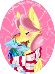 Size: 525x700 | Tagged: safe, artist:o0dragon0o, derpibooru import, fluttershy, rainbow dash, butterdash, butterscotch, clothes, female, flutterdash, half r63 shipping, heart, male, rule 63, scarf, shared clothing, shared scarf, shipping, simple background, snuggling, straight, transparent background