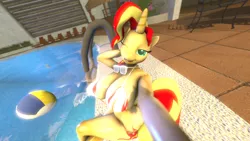 Size: 1280x720 | Tagged: 3d, anthro, artist:indigosfmworks, barefoot, beach ball, bikini, breasts, busty sunset shimmer, cleavage, clothes, derpibooru import, feet, female, looking at you, mobile phone, phone, plantigrade anthro, poolside, selfie, solo, solo female, source filmmaker, suggestive, sunset shimmer, swimming pool, swimsuit