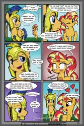 Size: 2100x3150 | Tagged: safe, artist:burning-heart-brony, derpibooru import, flash sentry, sunset shimmer, pony, comic:friendship isnt canon, alternate hairstyle, comic, cute, female, flashimmer, heart, heartbeat, male, ponytail, shipping, straight