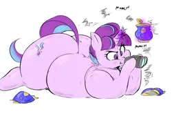 Size: 2000x1345 | Tagged: artist:sirmasterdufel, ass, belly, binoculars, chips, chubby cheeks, colored, derpibooru import, eating, edit, fat, flank, food, glimmer glutes, magic, plot, solo, spying, starlard glimmer, starlight glimmer, suggestive, the ass was fat