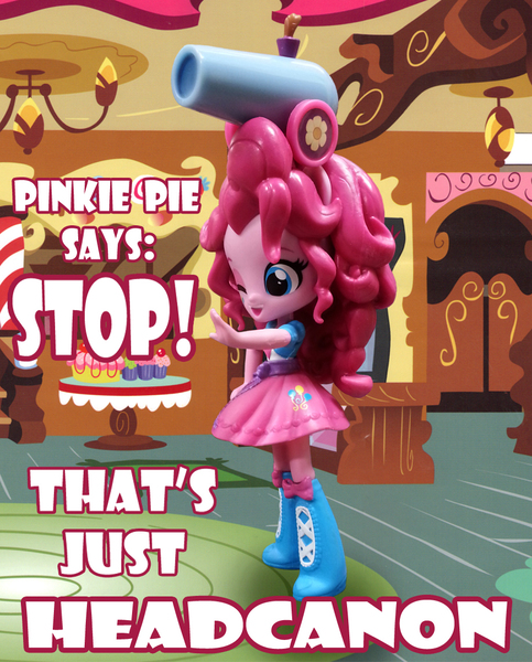 Size: 918x1140 | Tagged: safe, artist:texasuberalles, derpibooru import, pinkie pie, human, equestria girls, clothes, doll, equestria girls minis, eqventures of the minis, headcannon, headcanon, irl, party cannon, photo, pun, skirt, solo, sugarcube corner, toy, visual pun, wink