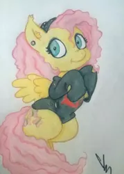 Size: 504x702 | Tagged: safe, artist:gingerthefox, derpibooru import, fluttershy, alternate hairstyle, ear piercing, looking at you, piercing, punk, simple background, solo, traditional art