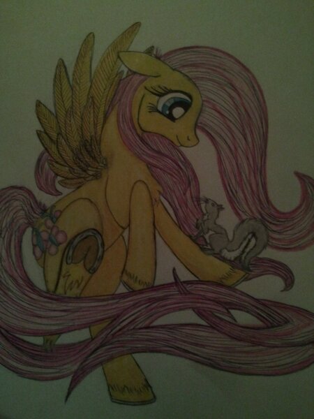 Size: 1024x1365 | Tagged: artist:penkatshi, derpibooru import, fluttershy, safe, sketch, solo, squirrel, traditional art, underhoof