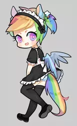 Size: 1100x1800 | Tagged: suggestive, artist:kura, derpibooru import, rainbow dash, human, blue underwear, clothes, cute, dashabetes, dress, eared humanization, humanized, maid, panties, pigtails, rainbow maid, shoes, skirt, skirt lift, socks, solo, stockings, striped underwear, tailed humanization, thigh highs, underwear, upskirt, winged humanization, zettai ryouiki