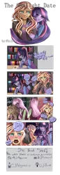 Size: 1024x2973 | Tagged: safe, artist:philota, derpibooru import, cheerilee, sunset shimmer, twilight sparkle, equestria girls, comic, cyoa, female, humanized, lesbian, library, pony coloring, shipping, sunsetsparkle, uncanny valley