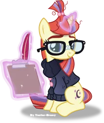 Size: 3394x3982 | Tagged: artist:vector-brony, clipboard, clothes, cute, dancerbetes, derpibooru import, glasses, levitation, looking at you, magic, moondancer, quill, safe, simple background, sitting, smiling, solo, sweater, telekinesis, transparent background, vector