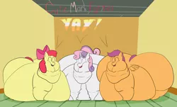 Size: 1280x775 | Tagged: apple blob, apple bloom, artist:masteroftoast, cutie mark crusaders, derpibooru import, fat, feedee belle, morbidly obese, obese, safe, scootalard, scootaloo, sweetie belle, sweetie belly