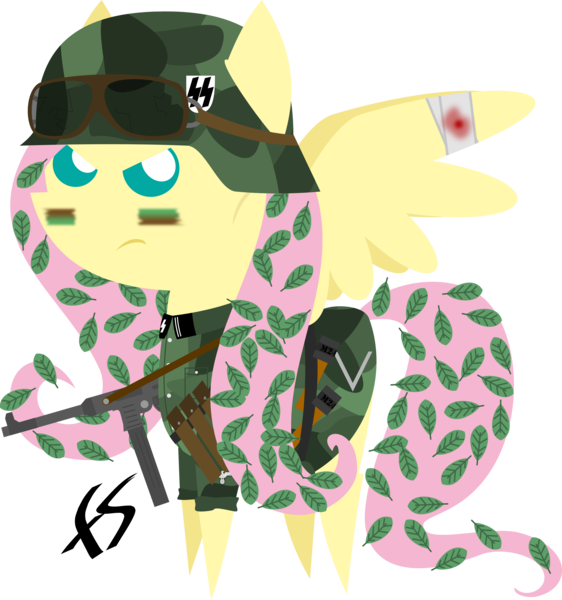 Size: 4600x4910 | Tagged: absurd resolution, artist:facelesssoles, bandage, derpibooru import, fluttershy, mp 40, nazi, panzergrenadier, pointy ponies, safe, solo, waffen-ss