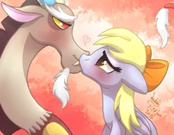 Size: 1800x1400 | Tagged: safe, artist:joakaha, derpibooru import, derpy hooves, discord, pegasus, pony, blushing, crack shipping, derpcord, female, kissing, male, mare, shipping, straight
