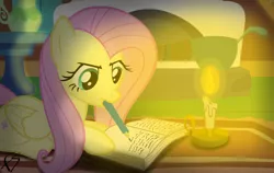 Size: 1140x720 | Tagged: artist:facelesssoles, candle, derpibooru import, fluttershy, mouth hold, safe, solo, writing